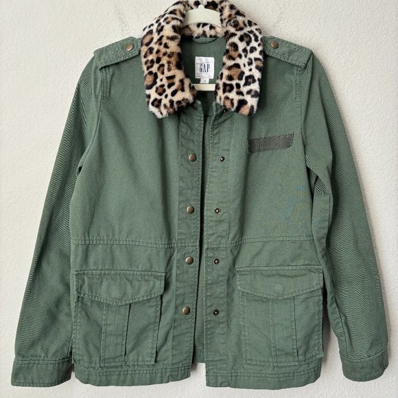 GAP Jackets & Blazers - GAP Faux Fur Leopard Print Collar Olive Green Utility Jacket